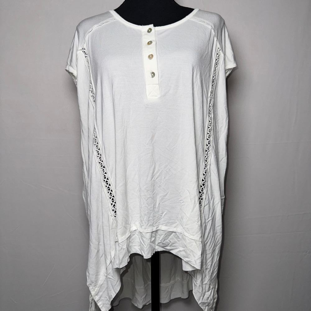 POL Women White Boho Crochet Lace Henley Tunic High Low Oversized Top Small